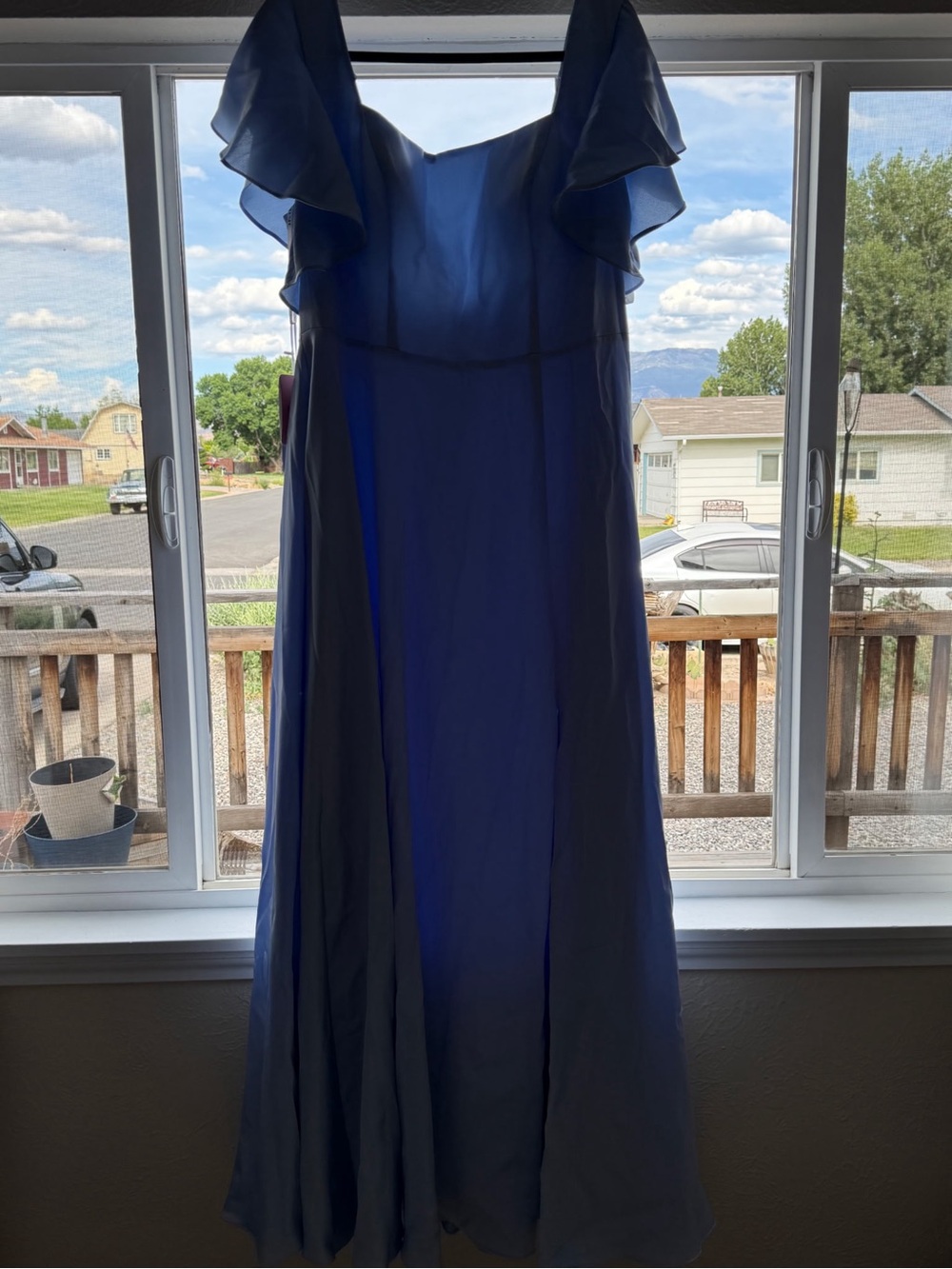 JJs House Royal Blue Chiffon Maxi Dress with Ruffle Sleeves